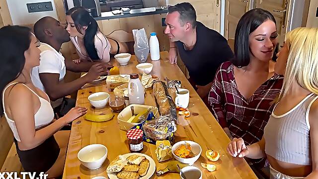 4 Charming Slim Bubble-assed Babes Share BBC & BWC In a Crazy Orgy In Their Mountain Chalet