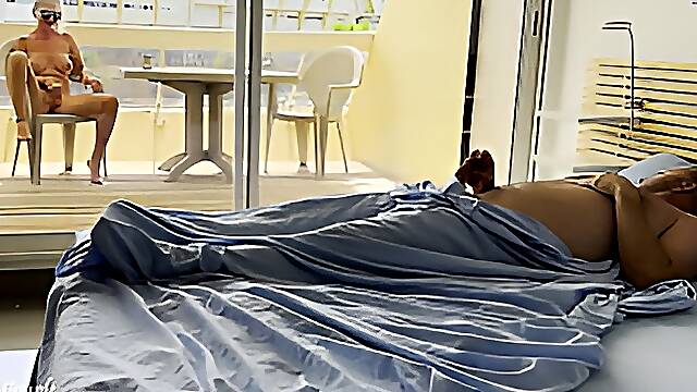 Naked wife was already watching nudists on street when husband woke in the morning