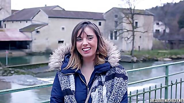 Cindy is blushing while getting fucked and sucking cock at the same time, in her living room