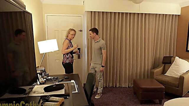 Granny Cathy Brings Young Dick Hotel Room
