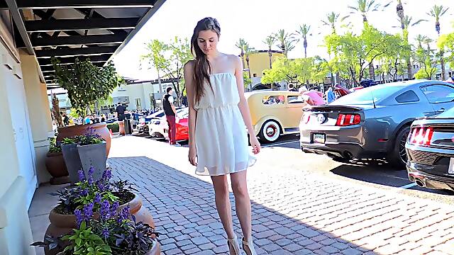 Beauty in a dress and heels gets excited flashing in public
