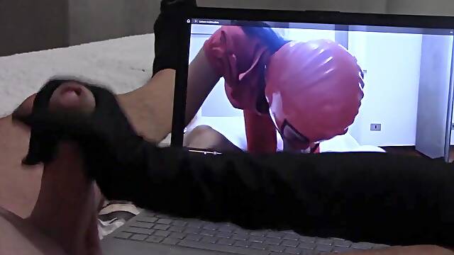 Gift to my massive fan: tugjob in gloves, whilst is watching one of my videos, with spunk fountain