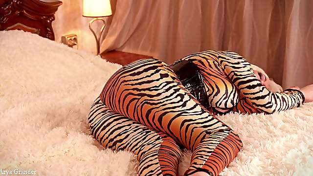 Submissive gagged bondaged woman - blonde MILF in spandex