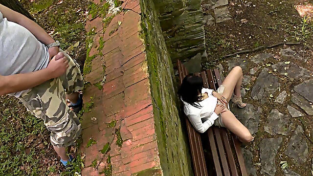 Hot girl was caught masturbating outdoor and get fucked by stranger