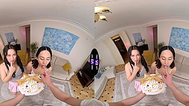 Dirty Russian babes Amelia and Roxy indulge in a tasty teenage threesome feast