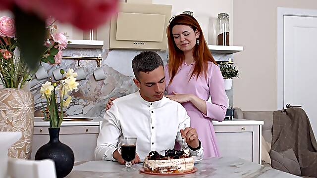 Redhead opens legs to fuck after she throats the cock wet