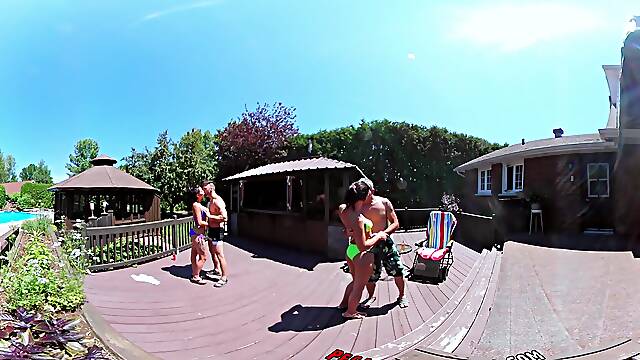Sizzling stars Shana and Heidi take it all outdoors in a wild threesome by the pool