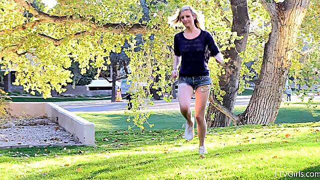 Naughty blonde girlfriend enjoys pleasuring her pussy in outdoors